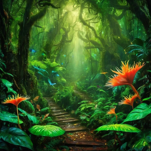 rain forest,rainforest,forest path,fairy forest,tropical jungle,forest floor,pathway,green forest,tropical bloom,elven forest,forest landscape,forest flower,the mystical path,fairytale forest,hiking path,forest of dreams,garden of eden,enchanted forest,fantasy picture,tree top path,Illustration,Realistic Fantasy,Realistic Fantasy 37