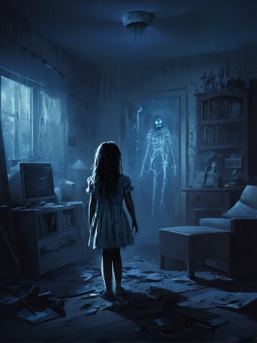 the little girl's room,ghost girl,haunting,haunted,blue room,sci fiction illustration,nightmare,ghosts,the haunted house,haunt,abandoned room,the ghost,penumbra,creepy,haunted house,apparition,children's background,paranormal phenomena,a dark room,the girl in nightie,Conceptual Art,Fantasy,Fantasy 02