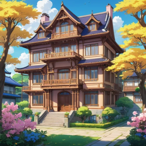 violet evergarden,wooden house,apartment house,studio ghibli,house painting,wooden houses,beautiful home,country house,ancient house,house silhouette,victorian house,private house,sakura background,two story house,little house,traditional house,house in the forest,japanese architecture,japanese sakura background,beautiful buildings,Illustration,Japanese style,Japanese Style 03