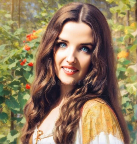 beautiful girl with flowers,jessamine,emile vernon,fantasy portrait,photo painting,autumn icon,oil painting,porcelain doll,celtic woman,enchanting,celtic queen,snow white,romantic portrait,oil painting on canvas,fairy queen,faerie,princess sofia,mystical portrait of a girl,portrait of a girl,digital painting