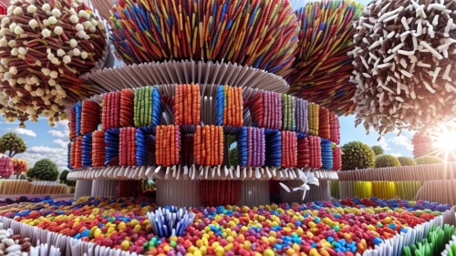 dubai miracle garden,candy sticks,colorful tree of life,brigadeiros,shuttlecock,colourful pencils,candy cauldron,cell membrane,candy store,fireworks art,flowerful desert,colorful pasta,cart of apples,stick candy,colored straws,cinema 4d,shuttlecocks,pom-pom,apple mountain,cornucopia