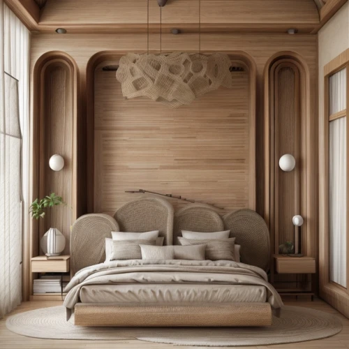 canopy bed,bedroom,patterned wood decoration,room divider,japanese-style room,sleeping room,bed frame,guest room,wooden shutters,wooden beams,danish room,wooden sauna,wooden wall,modern decor,interior design,contemporary decor,scandinavian style,bed,modern room,art nouveau design,Interior Design,Bedroom,Modern,French Zen