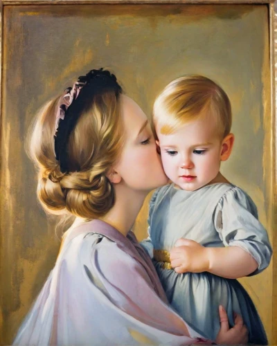 mother kiss,child portrait,mother with child,mother and child,little girl and mother,young couple,oil painting on canvas,oil painting,emile vernon,father with child,tenderness,mother-to-child,capricorn mother and child,kissing babies,romantic portrait,little boy and girl,mother with children,oil on canvas,baby with mom,vintage boy and girl
