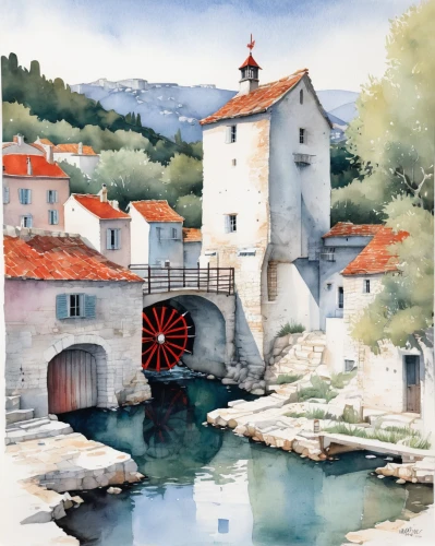 water mill,water wheel,source de la sorgue,l'isle-sur-la-sorgue,old mill,watercolor shops,dubrovnic,moustiers-sainte-marie,salt mill,gristmill,mill,dubrovnik,watercolor,dutch mill,provence,veules-les-roses,dubrovnik city,flour mill,moret-sur-loing,abbaye de belloc,Illustration,Paper based,Paper Based 07