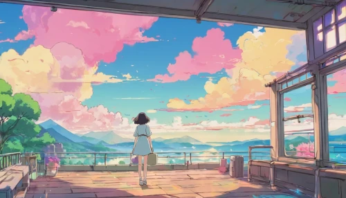 summer sky,summer day,atmosphere,dream world,pastel colors,rainbow color palette,daydream,scenery,summer evening,studio ghibli,dreamland,summer background,the horizon,dream beach,sky apartment,seaside,a beautiful day,skies,clouds - sky,dream,Illustration,Japanese style,Japanese Style 03