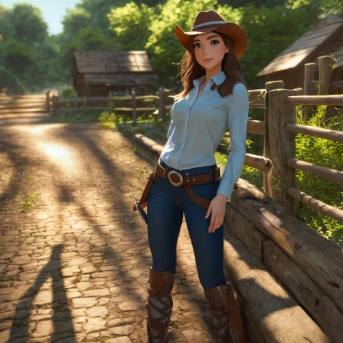 cowgirl,countrygirl,cowgirls,farm girl,heidi country,park ranger,sheriff,western,country style,cowboy hat,wild west,country dress,cow boy,western riding,cowboy,country-western dance,farmer in the woods,brown hat,the hat-female,farm pack,Game&Anime,Pixar 3D,Pixar 3D