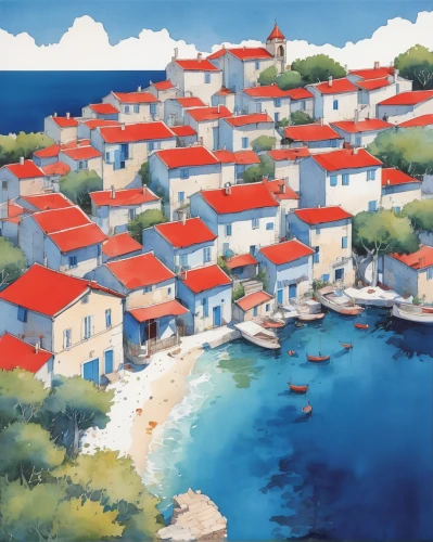 greek islands,greek island,dubrovnic,skopelos,croatia,lycian,samos,greece,hellenic,popeye village,fishing village,island of rab,adriatic,istria,parga,mediterranean,lefkada,aegean,dubrovnik,hellas,Illustration,Paper based,Paper Based 07