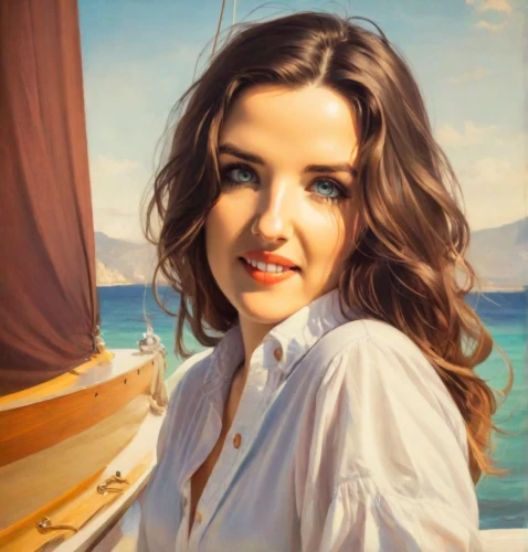 girl on the boat,italian painter,oil painting,oil painting on canvas,romantic portrait,photo painting,art painting,emile vernon,boat on sea,sailing,world digital painting,girl on the river,oil on canvas,beach background,painting,selanee henderon,sailing-boat,at sea,painting technique,boat landscape