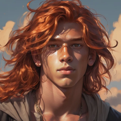 male elf,red-haired,fantasy portrait,cg artwork,digital painting,male character,mullet,the wanderer,wanderer,young man,perseus,lokportrait,the wind from the sea,robert harbeck,red head,noah,pollux,cavalier,joseph,merida,Conceptual Art,Fantasy,Fantasy 01