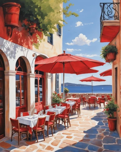 watercolor cafe,sicilian cuisine,italian painter,bistro,mediterranean cuisine,bistrot,provence,outdoor dining,red tablecloth,paris cafe,mediterranean food,a restaurant,colored pencil background,terrace,greek food,greece,tuscan,mediterranean,restaurant,greek island,Art,Classical Oil Painting,Classical Oil Painting 02