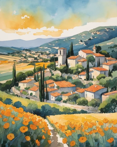 provence,provencal life,tuscan,south of france,south france,tuscany,gordes,mirepoix,volterra,italian painter,aix-en-provence,istria,france,moustiers-sainte-marie,campagna,italy,panoramic landscape,high rhône valley,veules-les-roses,apulia,Illustration,Paper based,Paper Based 07