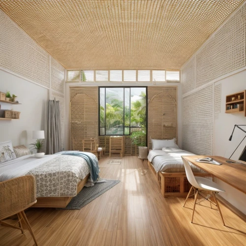 canopy bed,modern room,bedroom,sleeping room,bamboo curtain,japanese-style room,guest room,room divider,danish room,bedroom window,great room,children's bedroom,guestroom,lattice windows,loft,folding roof,room newborn,patterned wood decoration,daylighting,wooden roof,Interior Design,Bedroom,Japanese,Bamboo Style