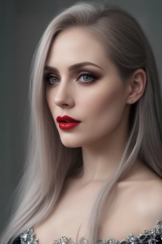 portrait background,artificial hair integrations,silver,vampire woman,grey background,cruella,fantasy portrait,romantic portrait,custom portrait,vampire lady,fashion vector,digital painting,world digital painting,silvery,color 1,retouch,woman portrait,blonde woman,red lips,portrait photography