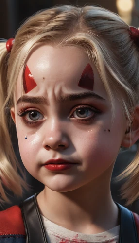 harley quinn,it,harley,child crying,children's eyes,unhappy child,cgi,child girl,clementine,io,the little girl,the girl's face,doll's facial features,bleeding eyes,nora,face paint,ganmodoki,digital painting,piper,laika