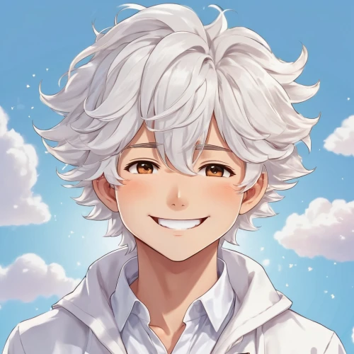 a smile,anchovy,edit icon,portrait background,summer sky,smiley emoji,anime boy,sunshine,white cloud,smiling,little clouds,grin,winking,custom portrait,partly cloudy,cumulus,summer icons,cloudy sky,baby smile,little smiley,Illustration,Japanese style,Japanese Style 01