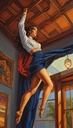 latin dance,woman hanging clothes,on the ceiling,super woman,ballet master,wonderwoman,ballroom dance,meticulous painting,flying girl,tightrope walker,dance of death,flying carpet,super heroine,lasso,argentinian tango,dance with canvases,lady justice,woman playing,to dance,baton twirling,Illustration,American Style,American Style 07