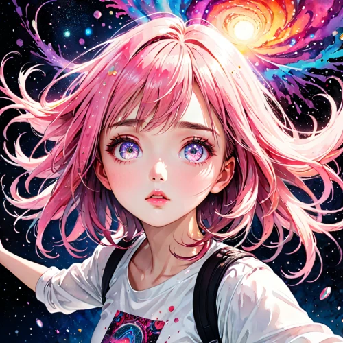 fairy galaxy,galaxy,supernova,looking up,sky rose,astronomical,colorful stars,celestial,falling star,universe,starry,falling stars,star sky,pink hair,astronomer,cosmic,luka,cosmic flower,spiral background,galaxies,Anime,Anime,General