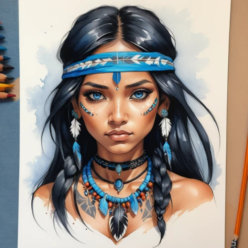 cherokee,pocahontas,native american,polynesian girl,indian headdress,headdress,american indian,feather headdress,inka,warrior woman,ancient egyptian girl,boho art,tribal chief,tribal,cleopatra,native,copic,indian girl boy,bluejay,color pencils,Conceptual Art,Oil color,Oil Color 03