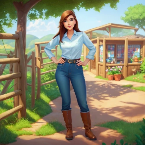 farm girl,farm background,farm set,farmer in the woods,countrygirl,farmer,country dress,heidi country,disney character,park staff,cg artwork,cowgirl,park ranger,portrait background,tiana,country style,veterinarian,vanessa (butterfly),girl in overalls,rural,Common,Common,Cartoon