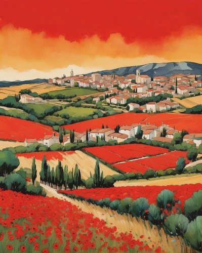 poppy fields,provence,coquelicot,provencal life,tuscan,apulia,lebanon,campagna,puglia,olive grove,field of poppies,poppy field,landscape red,alentejo,valensole,harissa,italian painter,bovino,tuscany,gordes,Illustration,Paper based,Paper Based 07