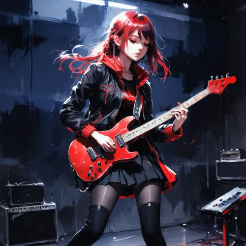 bassist,guitarist,bass guitar,lead guitarist,concert guitar,electric bass,guitar player,guitar,electric guitar,rocker,maki,playing the guitar,asuka langley soryu,rock band,epiphone,bass,painted guitar,lady rocks,red-haired,guitor,Illustration,Paper based,Paper Based 20