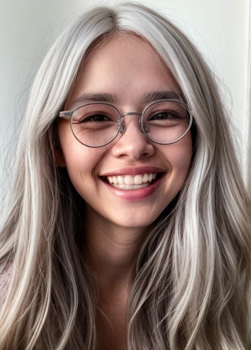 silver framed glasses,with glasses,silver,portrait background,silphie,gray color,long blonde hair,grey background,whitey,blond hair,reading glasses,artificial hair integrations,kids glasses,a girl's smile,silvery,lace wig,dental braces,blonde hair,color glasses,blonde