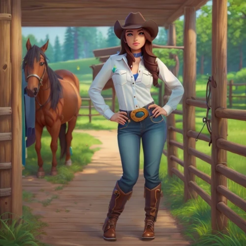 cowgirl,countrygirl,cowgirls,equestrian,horse trainer,western riding,country style,country dress,country-western dance,farm girl,horsemanship,western,cowboy plaid,wild west,equestrianism,warm-blooded mare,horseback,horseback riding,horse herder,farm background,Common,Common,Cartoon