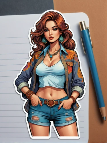 jean jacket,game illustration,pencil icon,jean button,retro girl,girl drawing,vector illustration,denim jacket,jeans background,game drawing,denim background,pubg mascot,retro woman,retro paper doll,illustrator,jean shorts,digital illustration,maya,nora,cg artwork,Unique,Design,Sticker