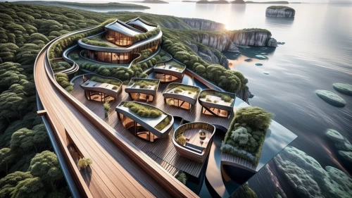 cube stilt houses,floating huts,floating islands,eco hotel,futuristic architecture,floating island,eco-construction,over water bungalows,artificial island,futuristic landscape,artificial islands,tigers nest,danyang eight scenic,cubic house,island suspended,tree house hotel,stilt houses,islet,flying island,luxury property