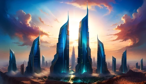 futuristic landscape,fantasy landscape,fantasy city,ancient city,sci fiction illustration,fantasy world,arcanum,fantasy picture,skyscrapers,shard of glass,alien world,3d fantasy,world digital painting,fantasy art,terraforming,futuristic architecture,monolith,citadel,heroic fantasy,sky city,Illustration,Realistic Fantasy,Realistic Fantasy 01