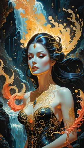 sorceress,the enchantress,fantasy art,flame spirit,heroic fantasy,rosa ' amber cover,fantasy portrait,priestess,gold foil mermaid,fantasy woman,blue enchantress,fire and water,sci fiction illustration,flame of fire,gold foil art,queen of the night,fire siren,mystical portrait of a girl,fantasy picture,zodiac sign libra,Illustration,Realistic Fantasy,Realistic Fantasy 39