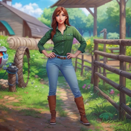 farm girl,countrygirl,farmer in the woods,heidi country,farm background,farm set,farmer,game illustration,country dress,farm pack,farmworker,cowgirl,princess anna,disney character,cg artwork,country style,park ranger,sci fiction illustration,game art,barnyard,Common,Common,Cartoon