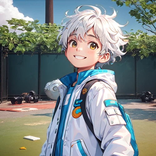 anime boy,child in park,portrait background,amusement park,anchovy,killua,chaoyang,parka,cg artwork,anime cartoon,would a background,anime japanese clothing,transparent background,track,clean background,cyan,a smile,cute cartoon character,city ​​portrait,edit icon