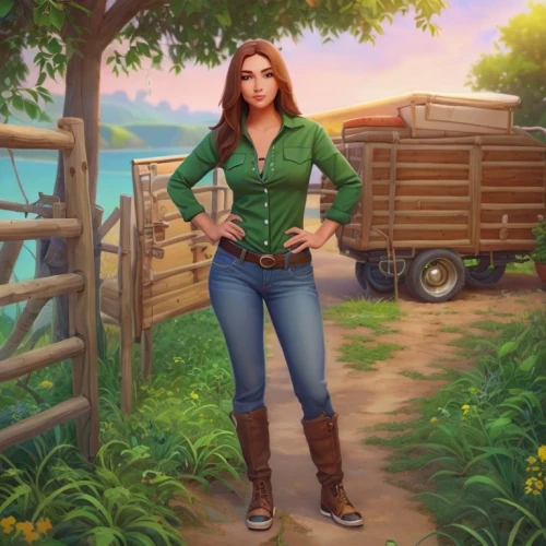 farm girl,farm background,countrygirl,farmer in the woods,farmer,farm set,cg artwork,country dress,cowgirl,rosa ' amber cover,portrait background,game illustration,dacia,farm pack,boots turned backwards,country style,game art,holding a gun,pam trees,country-western dance,Common,Common,Cartoon