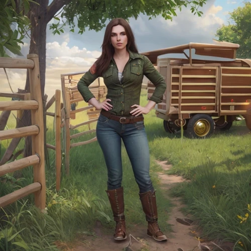 farm girl,countrygirl,farm set,game illustration,farmer in the woods,country dress,farmer,farm background,croft,country style,woman holding gun,tractor,cowgirl,holding a gun,country-western dance,western,sci fiction illustration,western riding,cowboy boots,farm tractor,Common,Common,Game