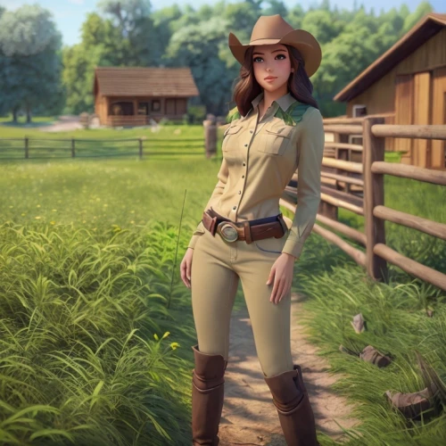 countrygirl,park ranger,farm girl,country style,cowgirl,heidi country,american frontier,country dress,sheriff,western,farm set,country-side,game illustration,cowgirls,farm pack,country,brown hat,farm background,gamekeeper,farmer in the woods,Game&Anime,Pixar 3D,Pixar 3D