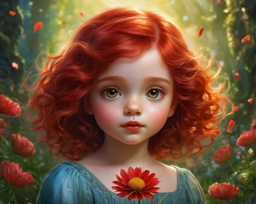 merida,redhead doll,red-haired,fantasy portrait,mystical portrait of a girl,little girl fairy,girl in flowers,child portrait,child fairy,faery,fae,rosa 'the fairy,red head,flora,flower fairy,redheads,flower girl,fairy tale character,girl in the garden,world digital painting
