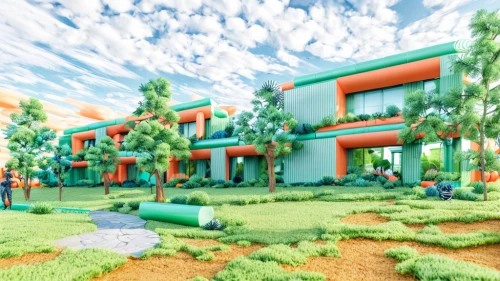 3d rendering,3d render,render,school design,3d rendered,eco hotel,virtual landscape,3d fantasy,cartoon forest,cubic house,cube house,eco-construction,holiday complex,landscaping,biome,residential,futuristic landscape,green living,apartment complex,kindergarten