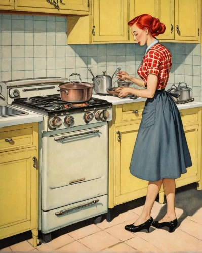 girl in the kitchen,vintage kitchen,housework,housewife,domestic life,homemaker,cleaning woman,domestic,kitchen stove,major appliance,woman holding pie,red cooking,vintage 1950s,retro 1950's clip art,home appliances,vintage illustration,cookery,home appliance,kitchen appliance,food preparation,Illustration,Paper based,Paper Based 29