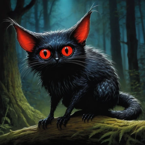 red eyes,fire red eyes,red-eye effect,hollyleaf cherry,aye-aye,yellow eyes,strix nebulosa,mouse lemur,anthropomorphized animals,forest animal,felidae,black tailed,little red flying fox,temperowanie,tamarin,atala,vampire bat,cheshire,totem animal,feral cat,Illustration,Realistic Fantasy,Realistic Fantasy 32