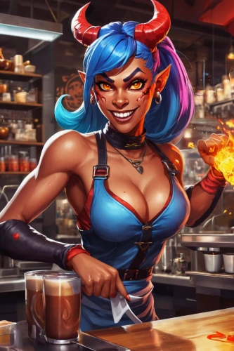barmaid,barista,bartender,waitress,butcher shop,shopkeeper,red cooking,fire devil,girl in the kitchen,kali,chef,star kitchen,vada,fire background,food and cooking,salesgirl,butcher,cashier,devilwood,barbeque grill,Conceptual Art,Fantasy,Fantasy 26