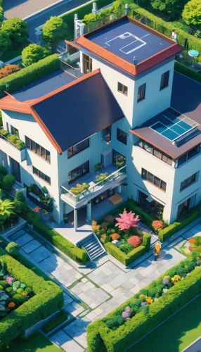 solar cell base,3d rendering,roof landscape,render,school design,photovoltaic cells,solar panels,smart house,turf roof,company building,residential,solar photovoltaic,grass roof,industrial building,office building,flat roof,apartment complex,solar modules,japanese architecture,aileron,Illustration,Japanese style,Japanese Style 03