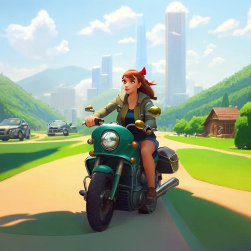 scooter riding,motorbike,transistor,motorcycle tour,bullet ride,motorcycle,motor scooter,game illustration,motorcycles,ride,scooters,retro vehicle,open road,scooter,game art,electric scooter,cg artwork,transistor checking,french digital background,delivery service,Common,Common,Cartoon