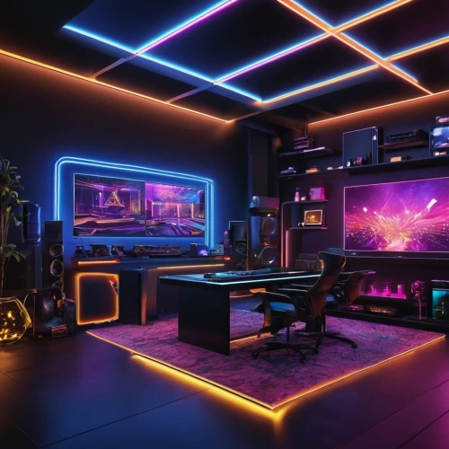 game room,computer room,playing room,80's design,neon coffee,music workstation,creative office,livingroom,working space,modern room,ufo interior,neon arrows,neon lights,neon light,entertainment center,great room,nightclub,piano bar,computer desk,3d render,Photography,General,Commercial