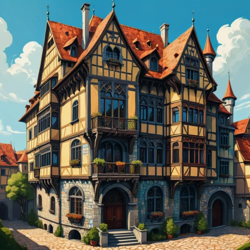 tavern,half-timbered house,french building,medieval architecture,apartment house,half-timbered houses,medieval town,old town house,beautiful buildings,colmar,colmar city,apartment building,bremen,townhouses,manor,half-timbered,swiss house,pub,wine tavern,crooked house,Conceptual Art,Fantasy,Fantasy 14