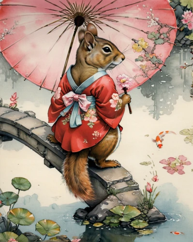 peter rabbit,kate greenaway,fox in the rain,whimsical animals,spring greeting,chinese tree chipmunks,anthropomorphized animals,cherry blossom in the rain,rainy day,springtime background,fairy tale character,spring background,audubon's cottontail,children's background,japanese art,fairytale characters,hare trail,vintage illustration,cute cartoon image,springtime,Illustration,Paper based,Paper Based 29