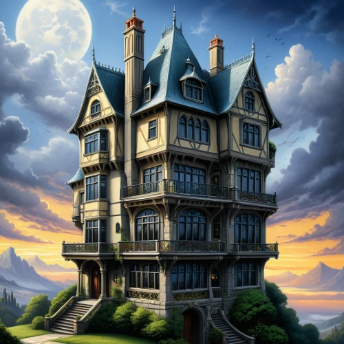magic castle,crooked house,fairy tale castle,witch's house,ghost castle,witch house,haunted castle,the haunted house,house silhouette,fairytale castle,victorian house,apartment house,castle of the corvin,fantasy picture,two story house,knight house,knight's castle,doll's house,fantasy art,house of the sea,Conceptual Art,Fantasy,Fantasy 30