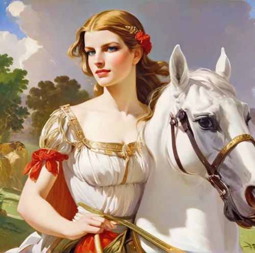 franz winterhalter,a white horse,white horse,constellation unicorn,joan of arc,equestrianism,equestrian,centaur,palomino,horseback,sagittarius,girl in a historic way,cross-country equestrianism,white lady,horse herder,andalusians,portrait of a girl,golden unicorn,cavalry,young lady