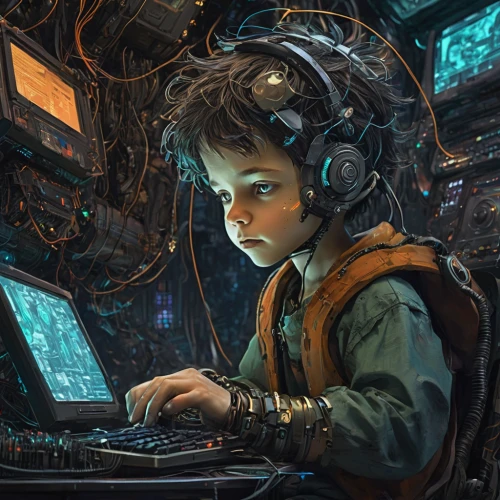 cyberpunk,coder,sci fiction illustration,girl at the computer,computer,world digital painting,cybernetics,scifi,man with a computer,kids illustration,cyber,operator,freelancer,cyberspace,next generation,engineer,hardware programmer,computer art,virtual world,computer freak,Illustration,Realistic Fantasy,Realistic Fantasy 02