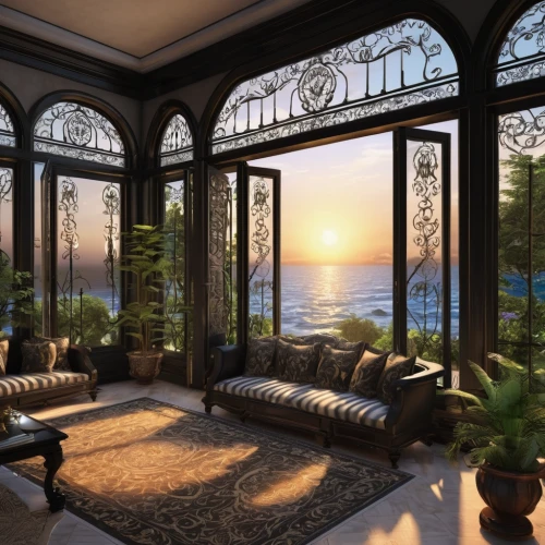luxury home interior,penthouse apartment,conservatory,bay window,ornate room,window with sea view,luxury property,ocean view,breakfast room,luxury home,window treatment,great room,livingroom,beautiful home,holiday villa,living room,mansion,french windows,sitting room,jumeirah,Conceptual Art,Fantasy,Fantasy 27